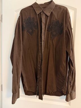Affliction Brown Embroidered Button-Up Shirt Jacket